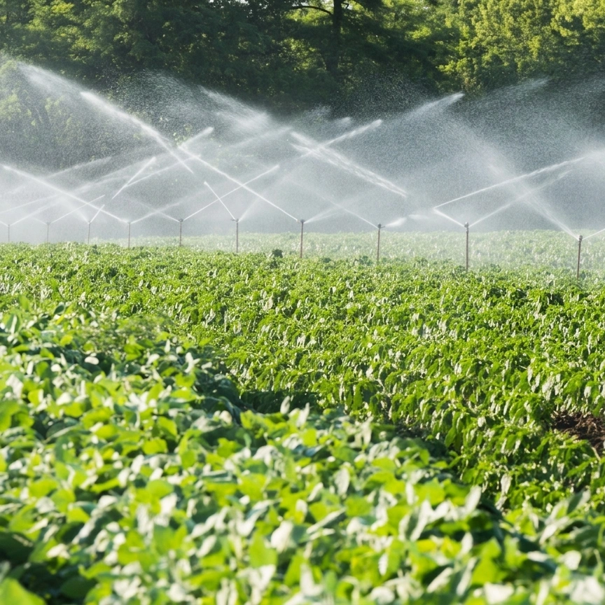 Sprinkler irrigation covering a working farm field